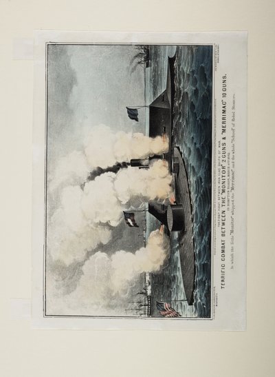 Verschrikkelijk gevecht tussen de Monitor twee kanonnen en Merrimac tien kanonnen, c.1862 door N. and Ives, J.M. Currier